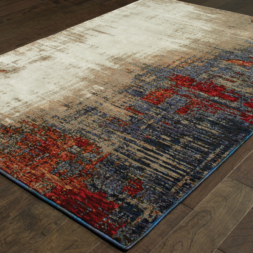 5' X 7' Beige Tan Brown Blue Purple Red Orange Gold And Green Abstract Power Loom Stain Resistant Area Rug