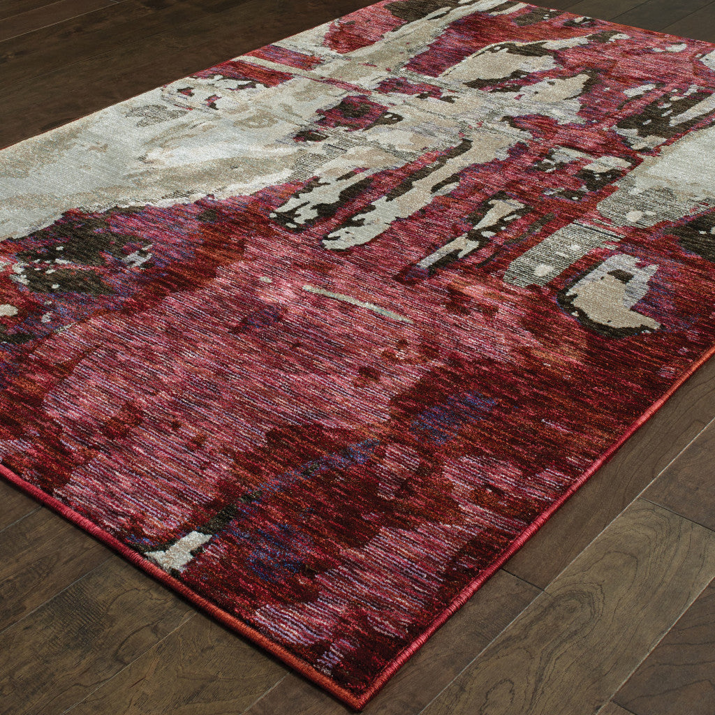 3' X 5' Red And Beige Abstract Power Loom Stain Resistant Area Rug