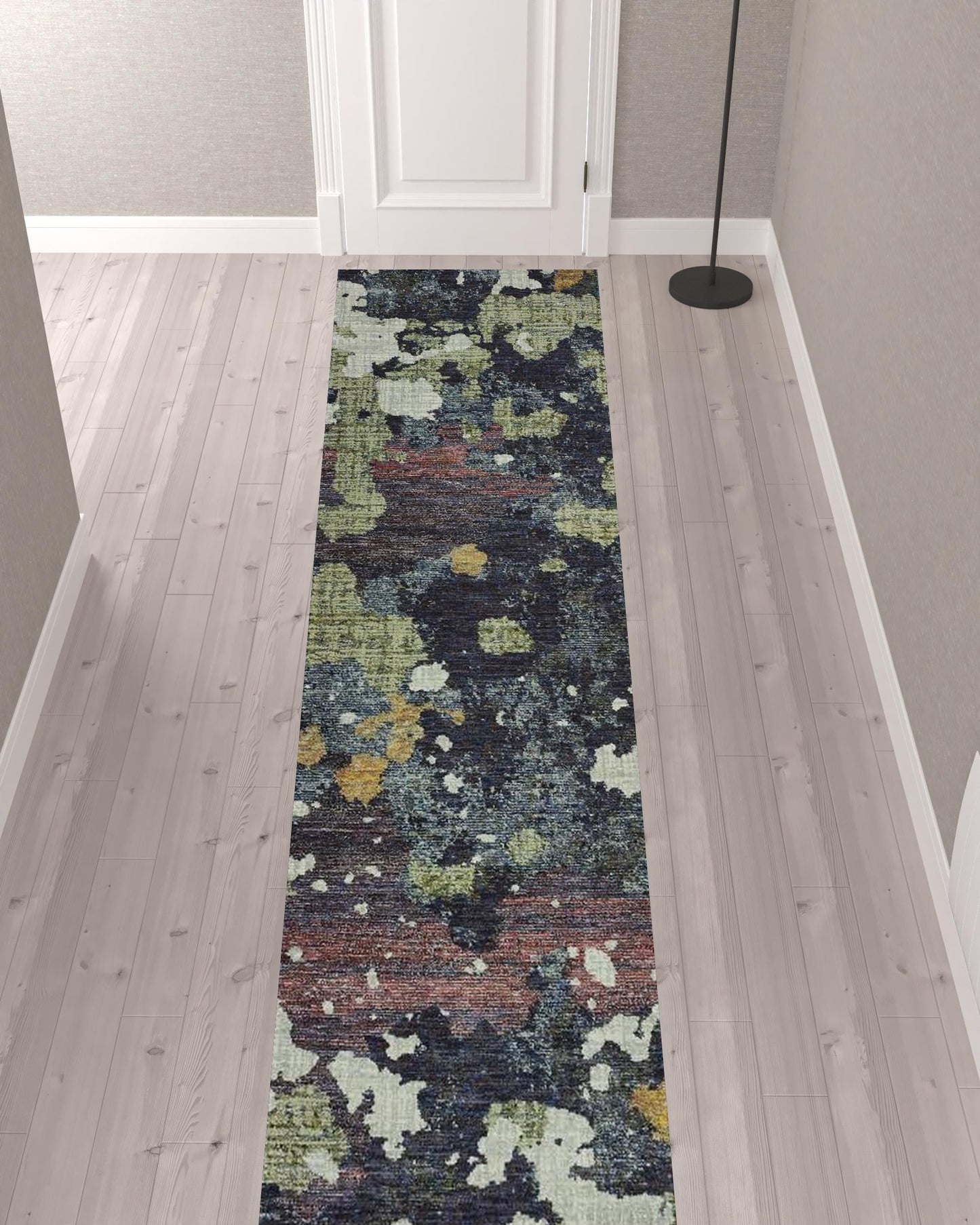 2' X 10' Navy And Green Abstract Power Loom Stain Resistant Runner Rug