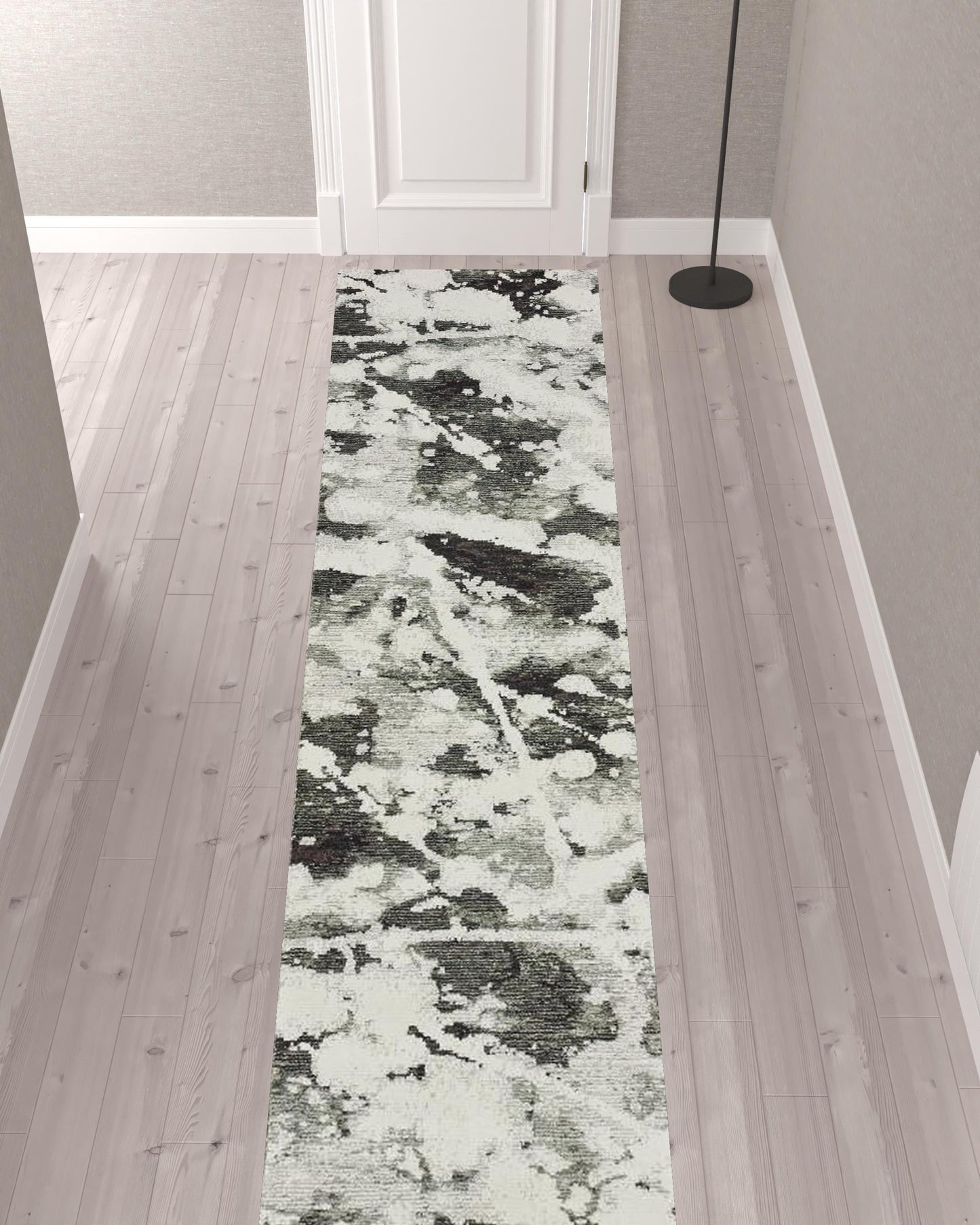 2' X 10' Charcoal And White Abstract Power Loom Stain Resistant Runner Rug