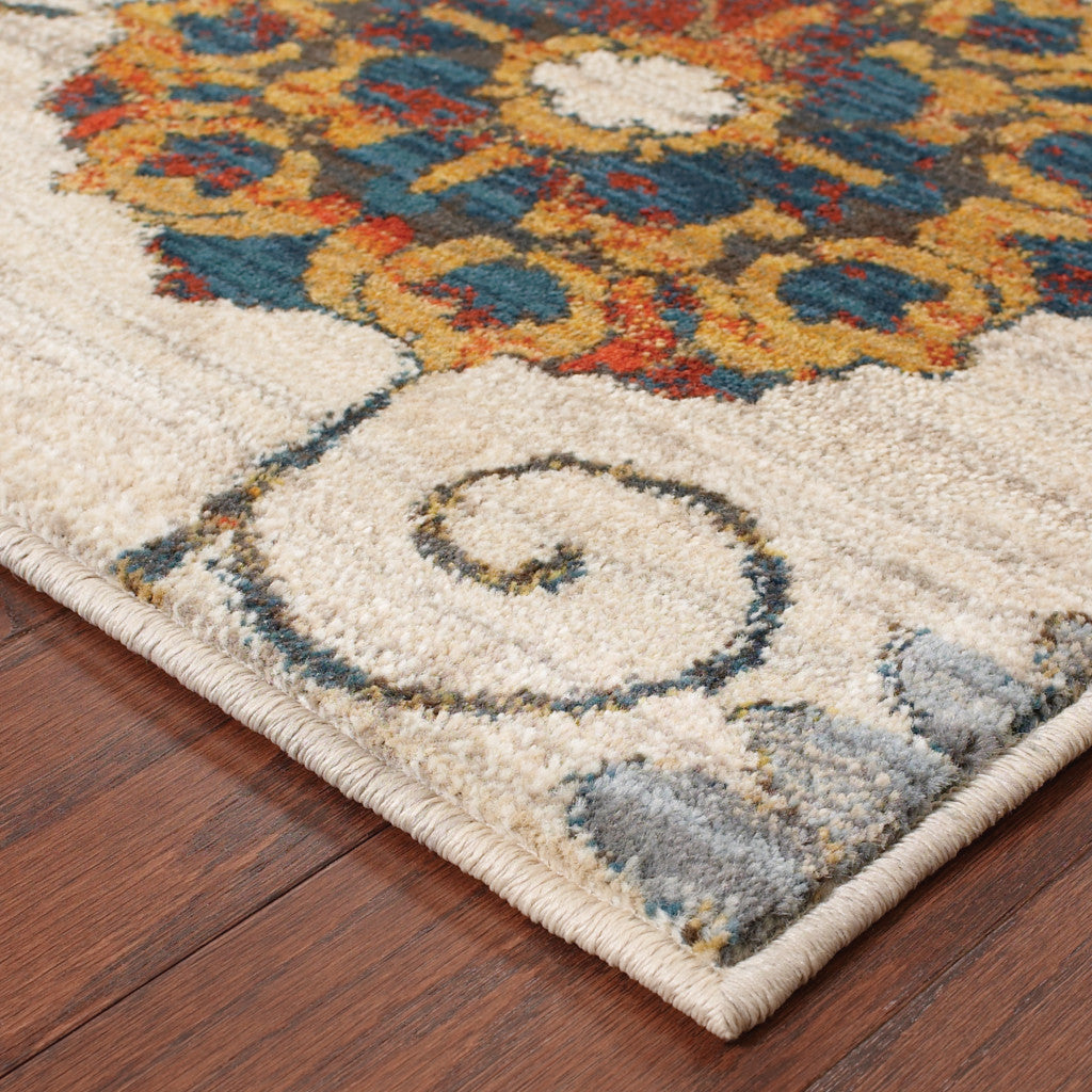4' X 6' Ivory Blue Gold Green Orange Rust And Teal Floral Power Loom Stain Resistant Area Rug