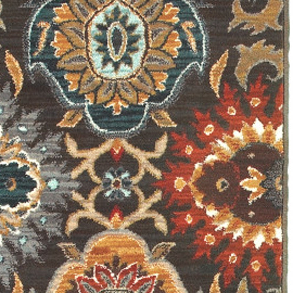 2' X 8' Brown Grey Rust Red Gold Teal And Blue Green Floral Power Loom Stain Resistant Runner Rug