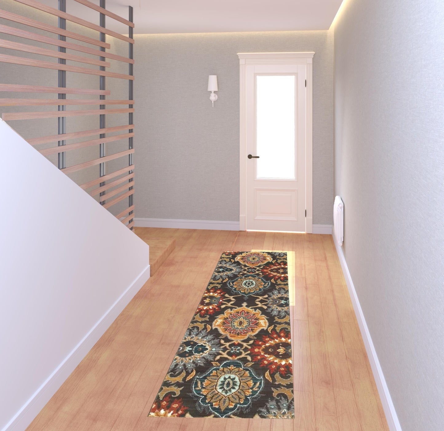 2' X 8' Brown Grey Rust Red Gold Teal And Blue Green Floral Power Loom Stain Resistant Runner Rug