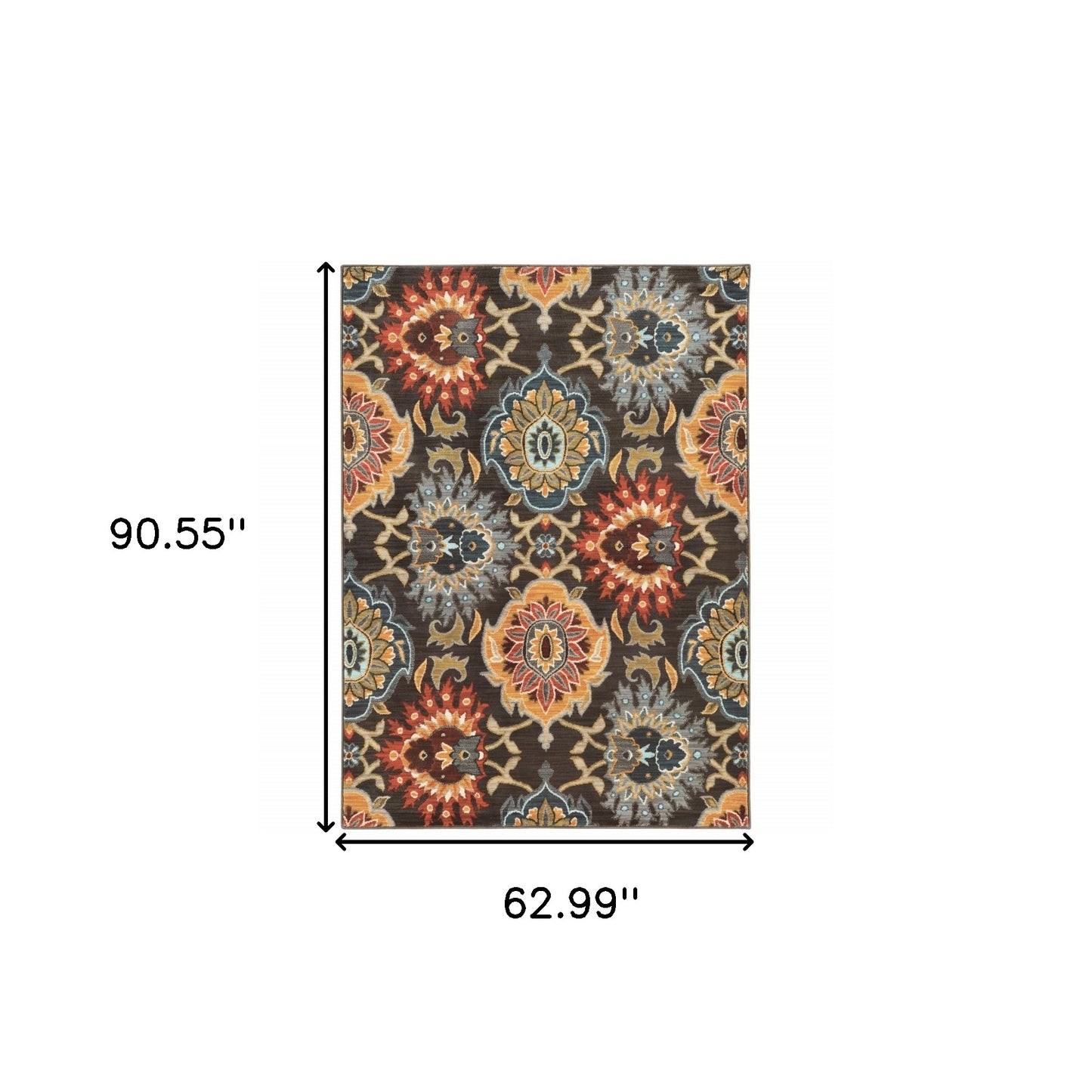 5' X 8' Brown Grey Rust Red Gold Teal And Blue Green Floral Power Loom Stain Resistant Area Rug