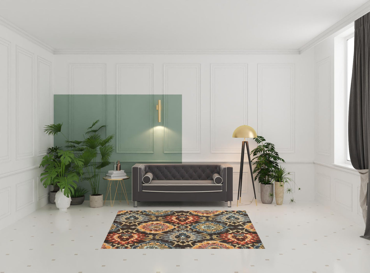 5' X 8' Brown Grey Rust Red Gold Teal And Blue Green Floral Power Loom Stain Resistant Area Rug