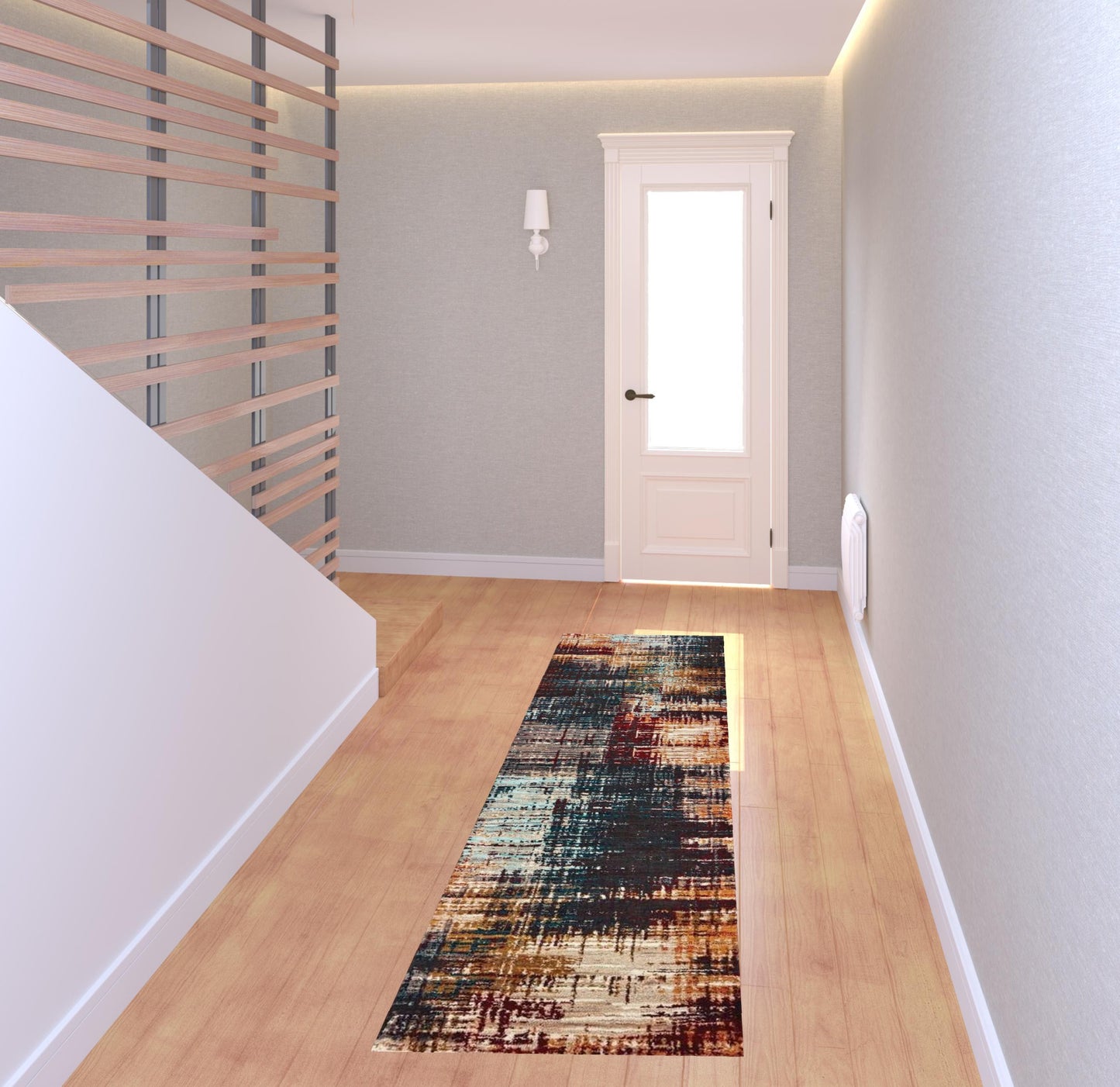 2' X 8' Blue Gold Red And Grey Abstract Power Loom Stain Resistant Runner Rug