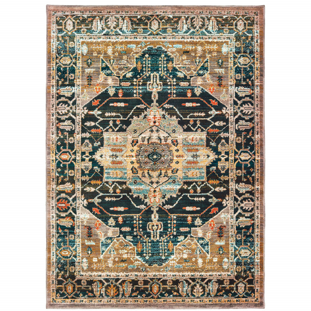 4' X 6' Blue Gold Grey Orange Ivory And Teal Oriental Power Loom Stain Resistant Area Rug