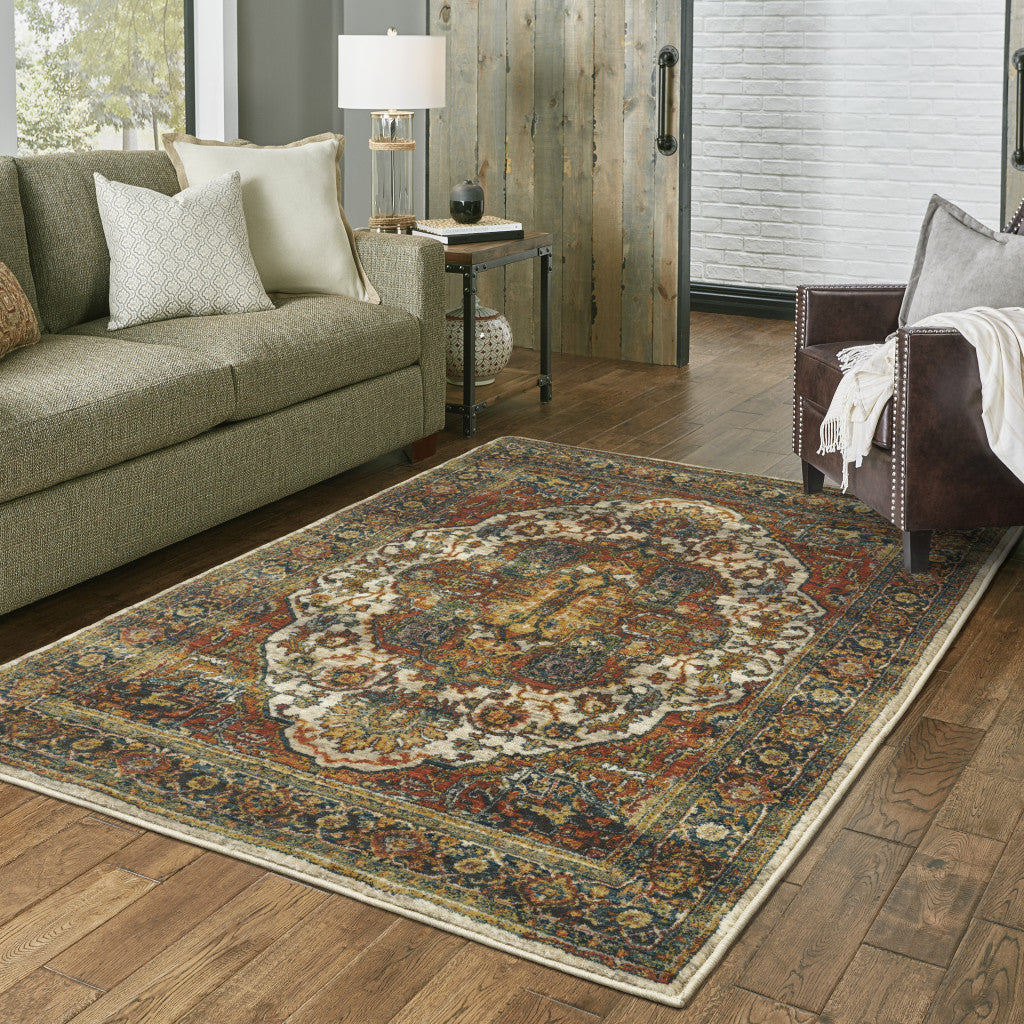 4' X 6' Red Gold Orange Green Ivory Rust And Blue Oriental Power Loom Stain Resistant Area Rug