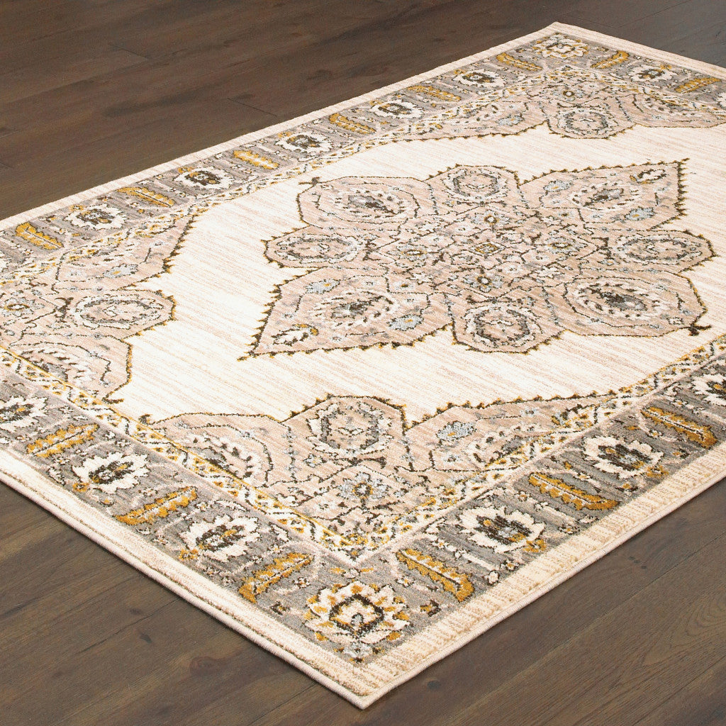 2' X 3' Ivory Gold Grey And Blue Oriental Power Loom Stain Resistant Area Rug