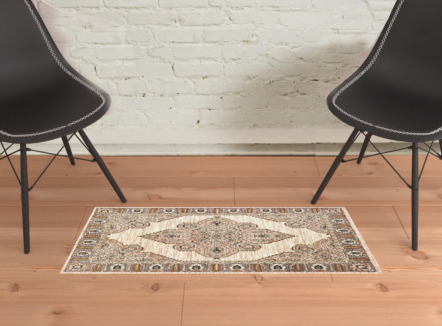 2' X 3' Ivory Gold Grey And Blue Oriental Power Loom Stain Resistant Area Rug