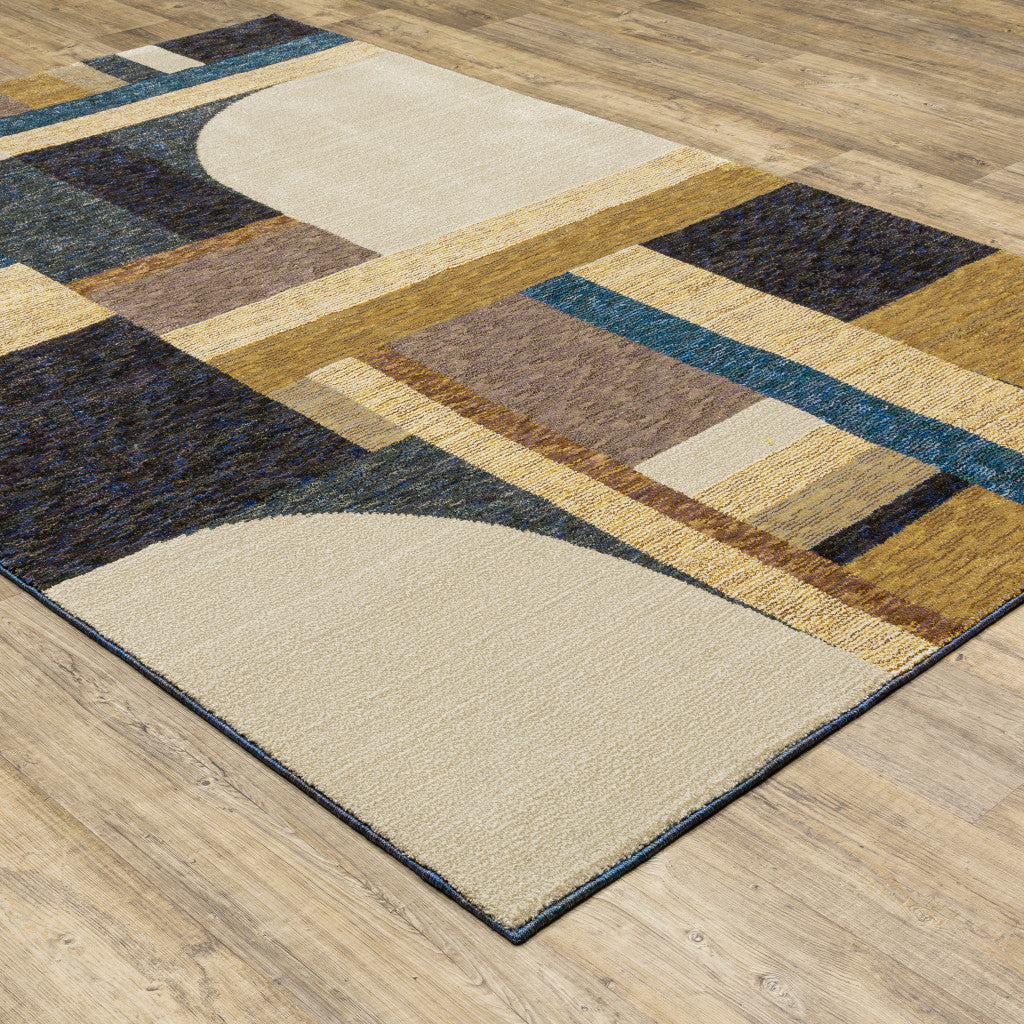 10' X 13' Gold Blue Beige Purple And Teal Geometric Power Loom Stain Resistant Area Rug