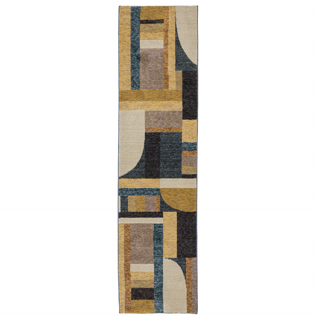2' X 8' Gold Blue Beige Purple And Teal Geometric Power Loom Stain Resistant Runner Rug