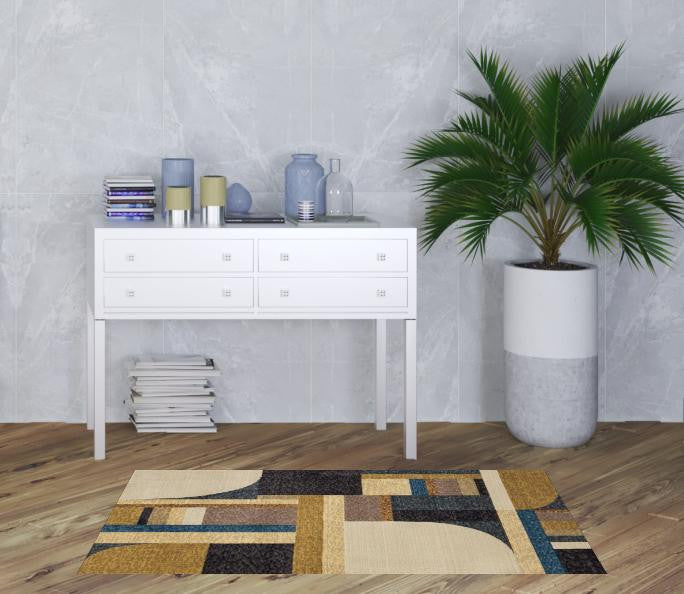 3' X 5' Gold Blue Beige Purple And Teal Geometric Power Loom Stain Resistant Area Rug