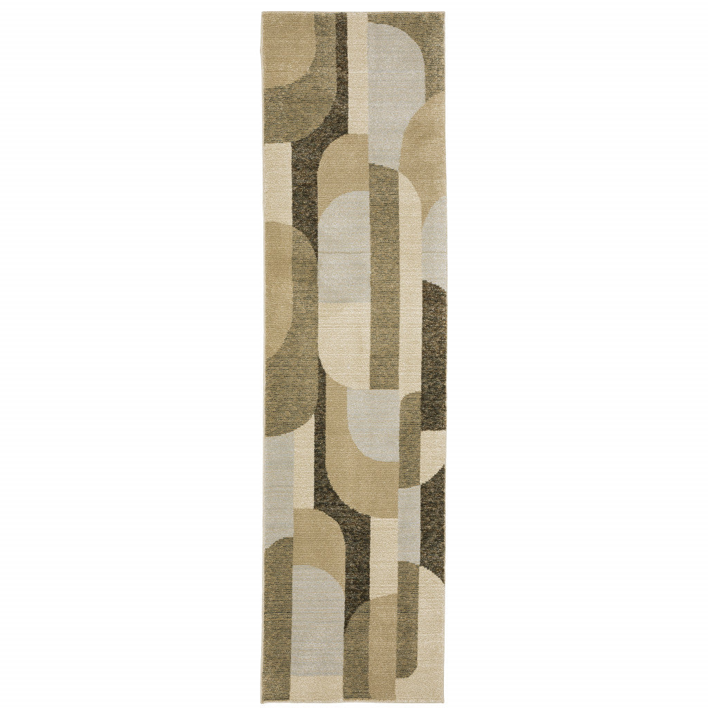 2' X 8' Brown Charcoal Gold And Beige Geometric Power Loom Stain Resistant Runner Rug