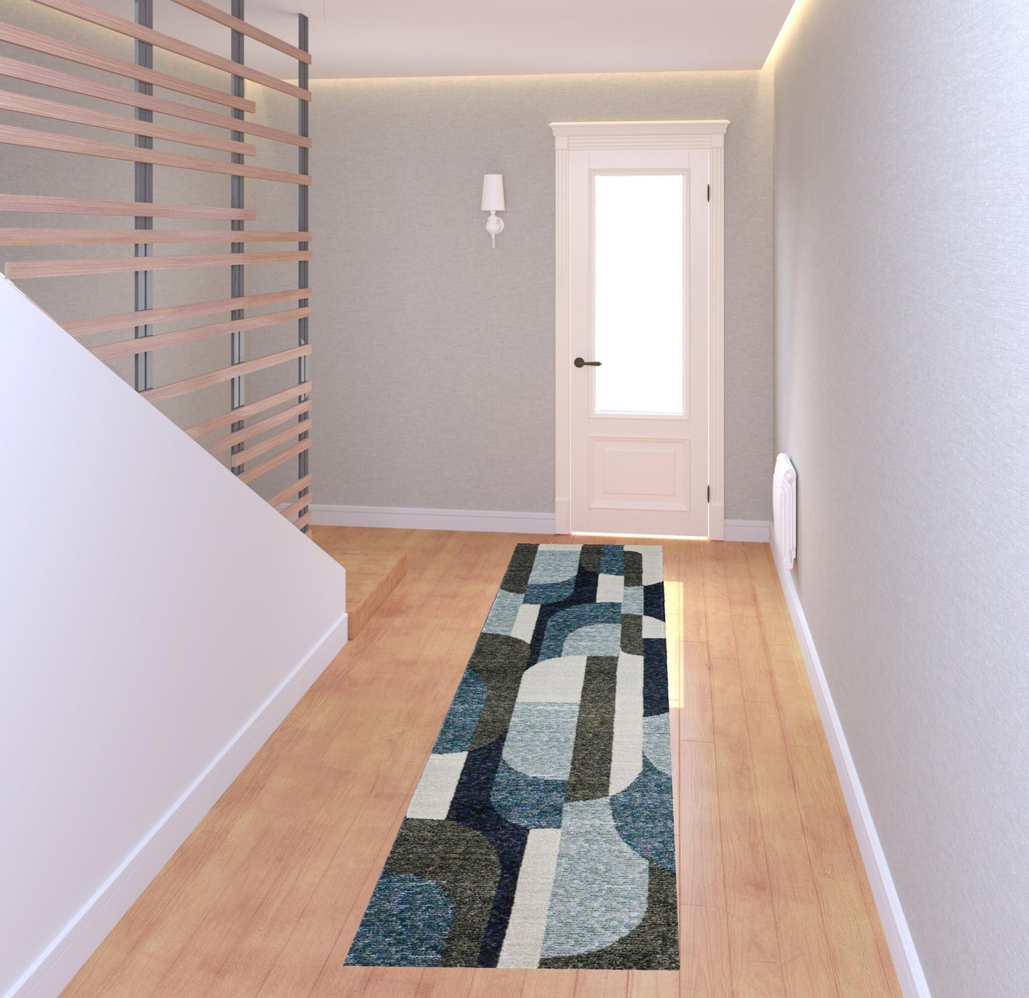 2' X 8' Blue Grey Charcoal And Purple Geometric Power Loom Stain Resistant Runner Rug