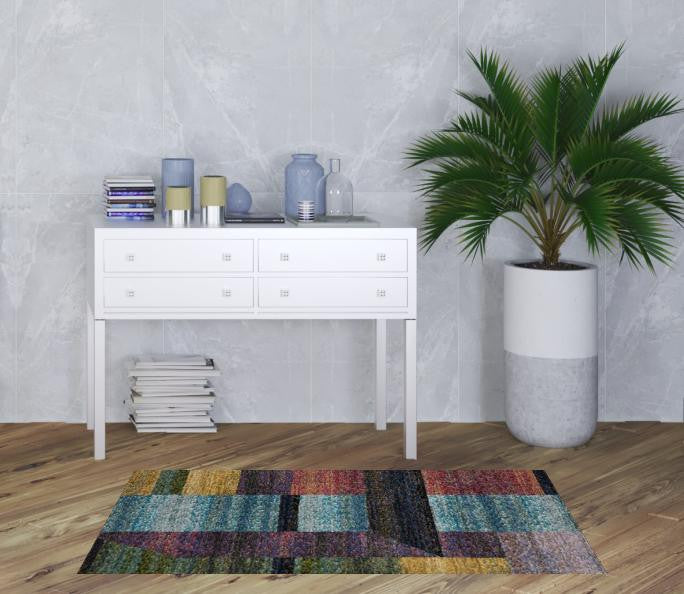 3' X 5' Purple Blue Teal Gold Green Red And Pink Geometric Power Loom Stain Resistant Area Rug