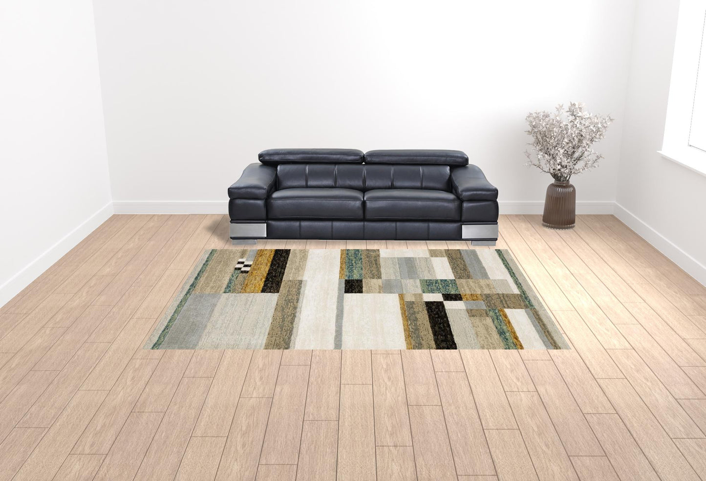9' X 12' Beige Gold Black Grey Tan Teal And Rust Geometric Power Loom Area Rug