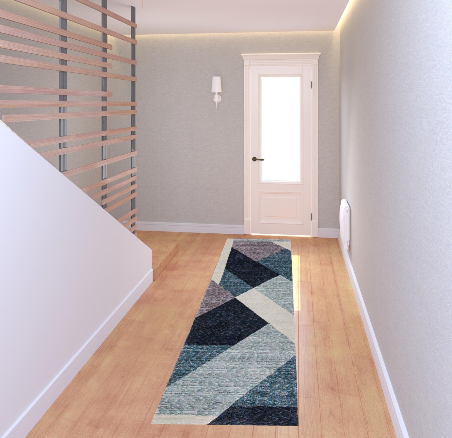 8' Blue Purple Grey And Teal Geometric Power Loom Runner Rug