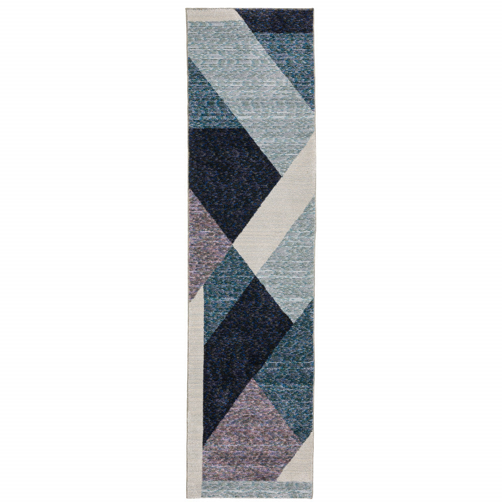 8' Blue Purple Grey And Teal Geometric Power Loom Runner Rug