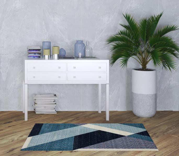 3' X 5' Blue Purple Grey And Teal Geometric Power Loom Area Rug