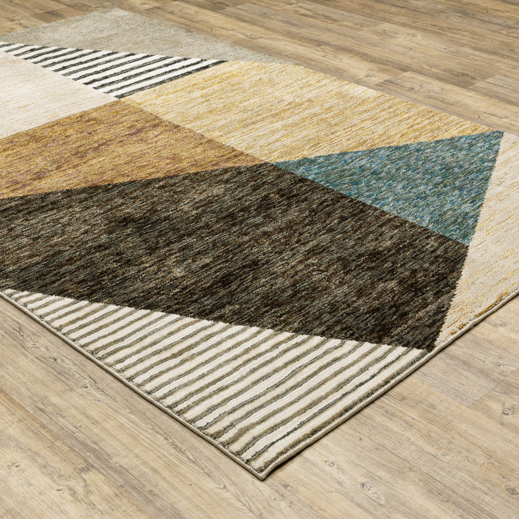 8' X 10' Gold Brown Blue Charcoal Rust And Beige Geometric Power Loom Stain Resistant Area Rug