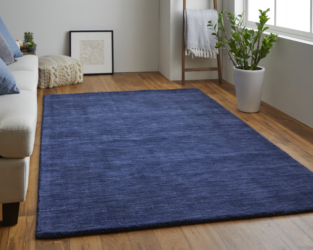 8' X 11' Blue Wool Hand Woven Stain Resistant Area Rug