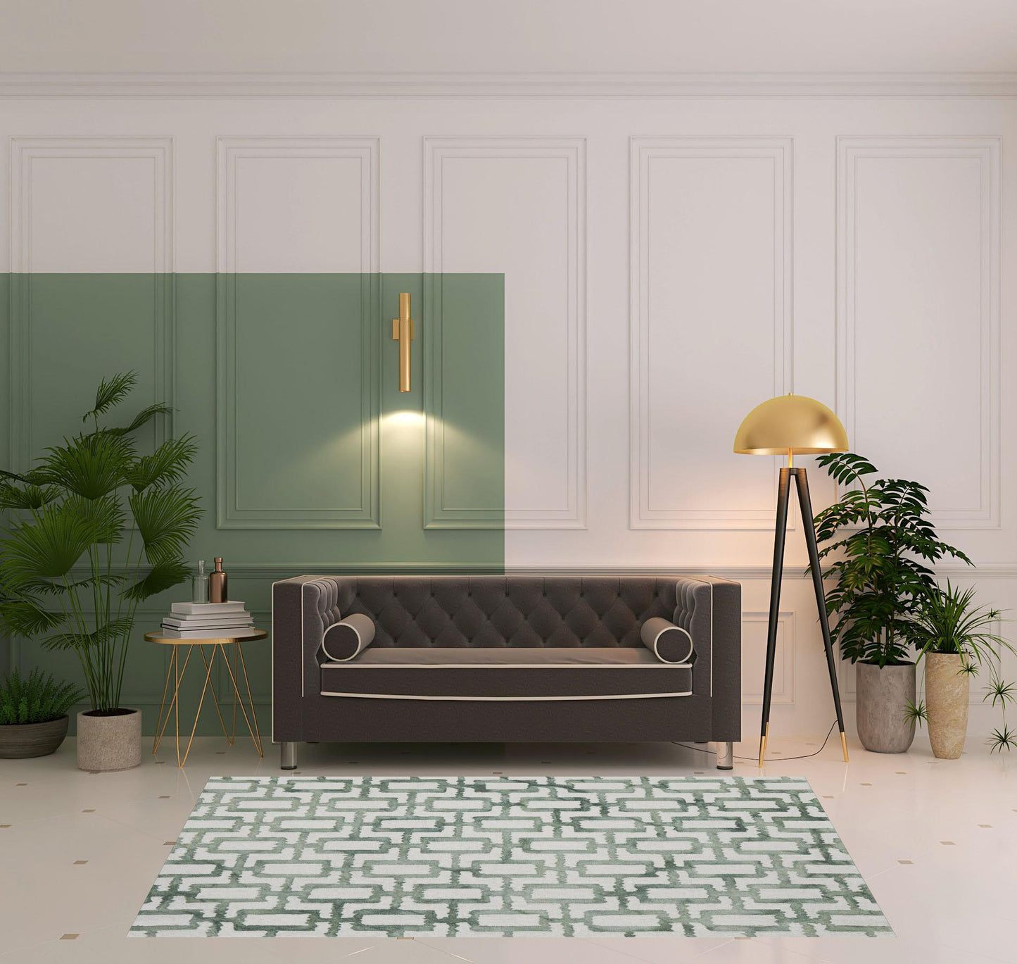 8' X 11' Ivory And Green Wool Geometric Tufted Handmade Area Rug