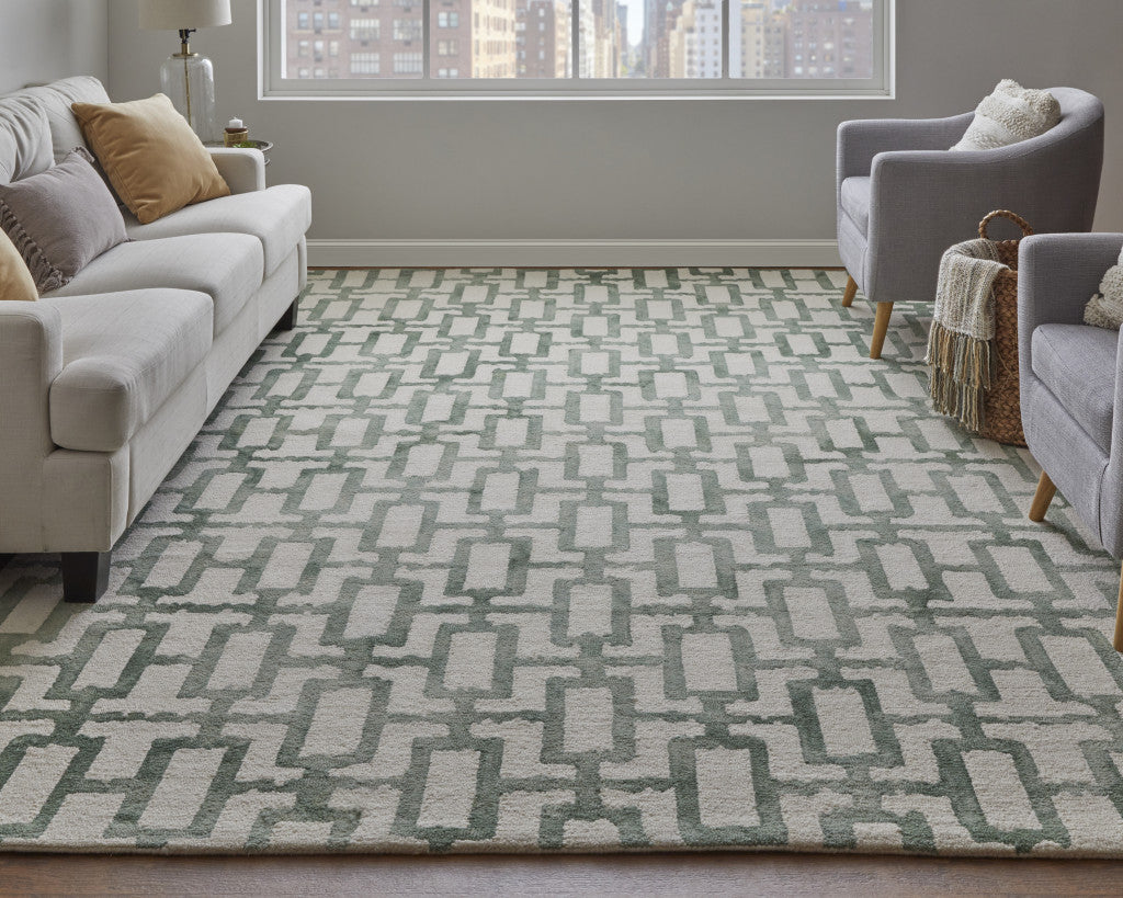 8' X 11' Ivory And Green Wool Geometric Tufted Handmade Area Rug