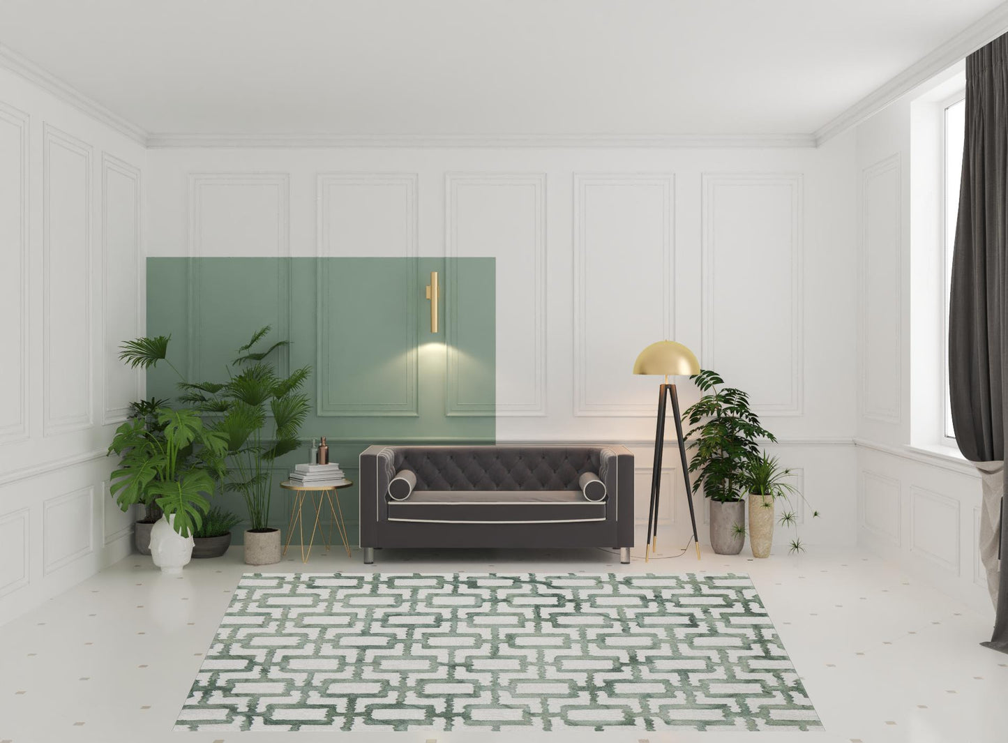 8' X 11' Ivory And Green Wool Geometric Tufted Handmade Area Rug