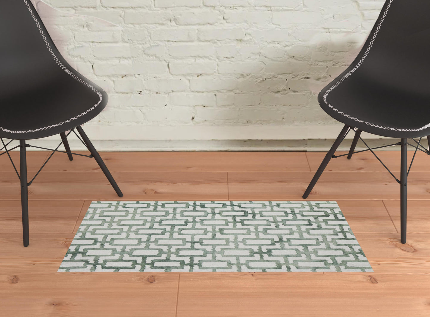 8' X 11' Ivory And Green Wool Geometric Tufted Handmade Area Rug