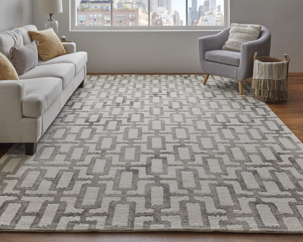 8' X 11' Ivory And Green Wool Geometric Tufted Handmade Area Rug