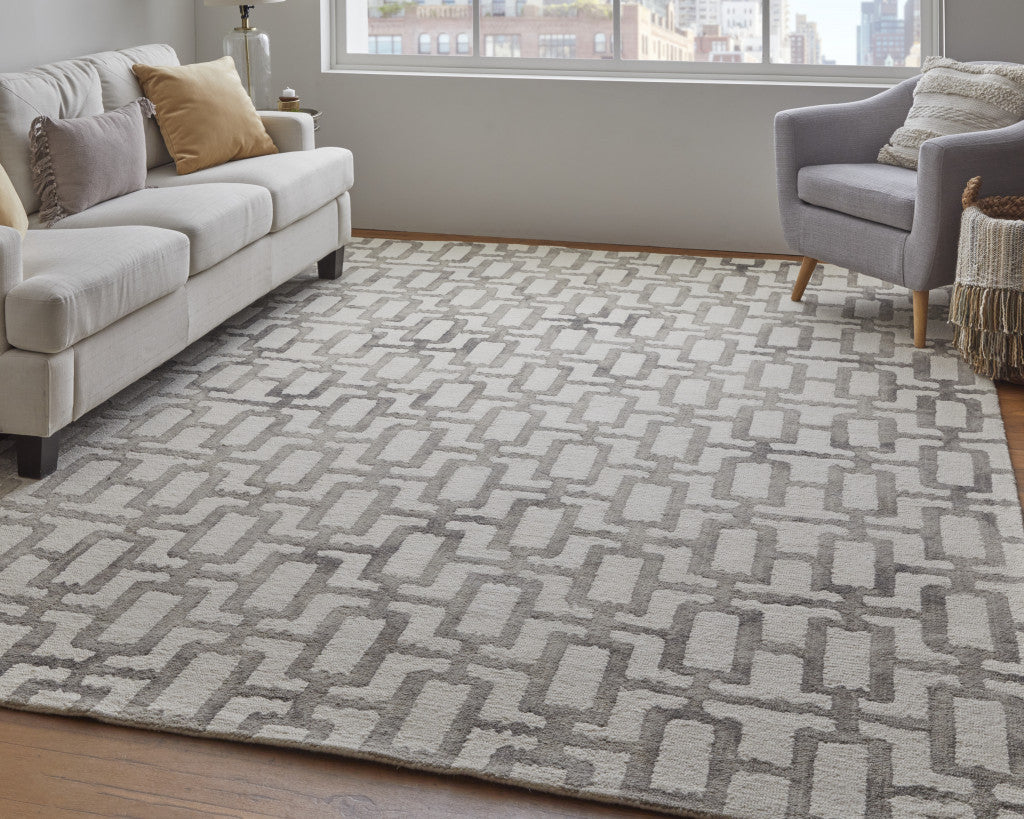 8' X 11' Ivory And Green Wool Geometric Tufted Handmade Area Rug