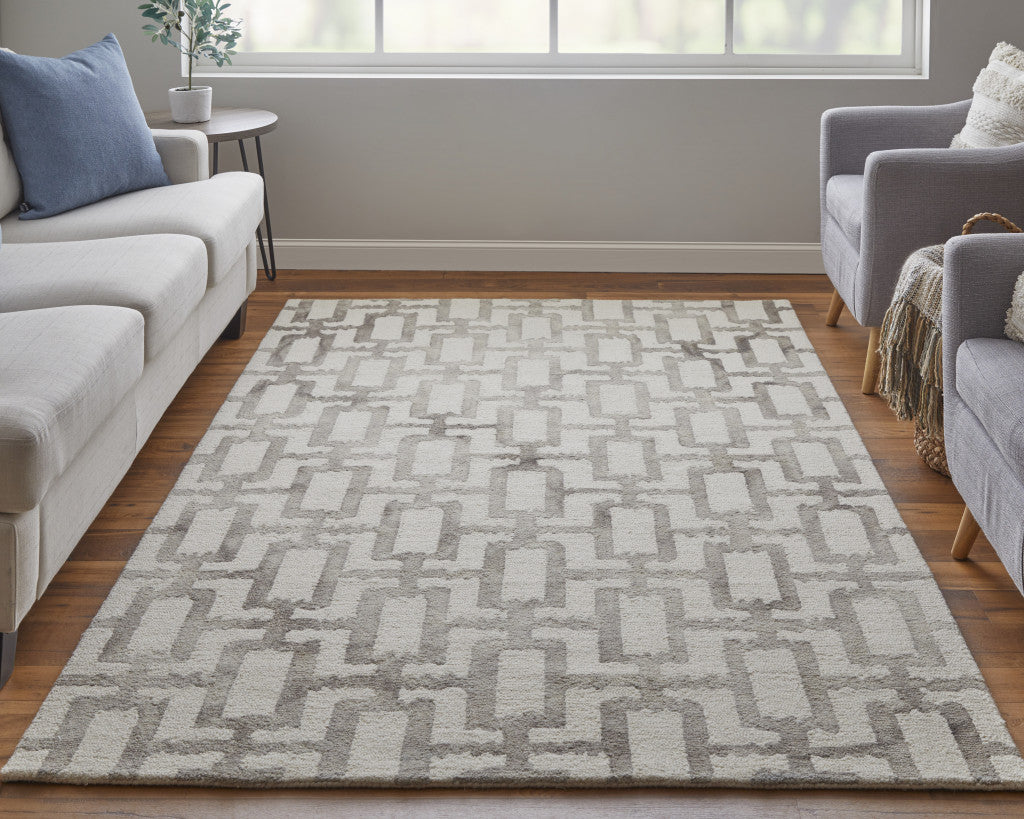 8' X 11' Ivory And Green Wool Geometric Tufted Handmade Area Rug