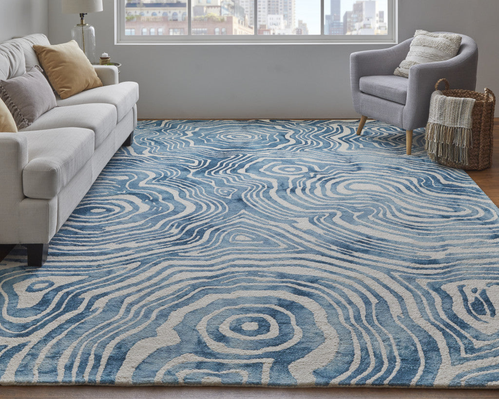 5' X 8' Blue And Ivory Wool Geometric Tufted Handmade Area Rug