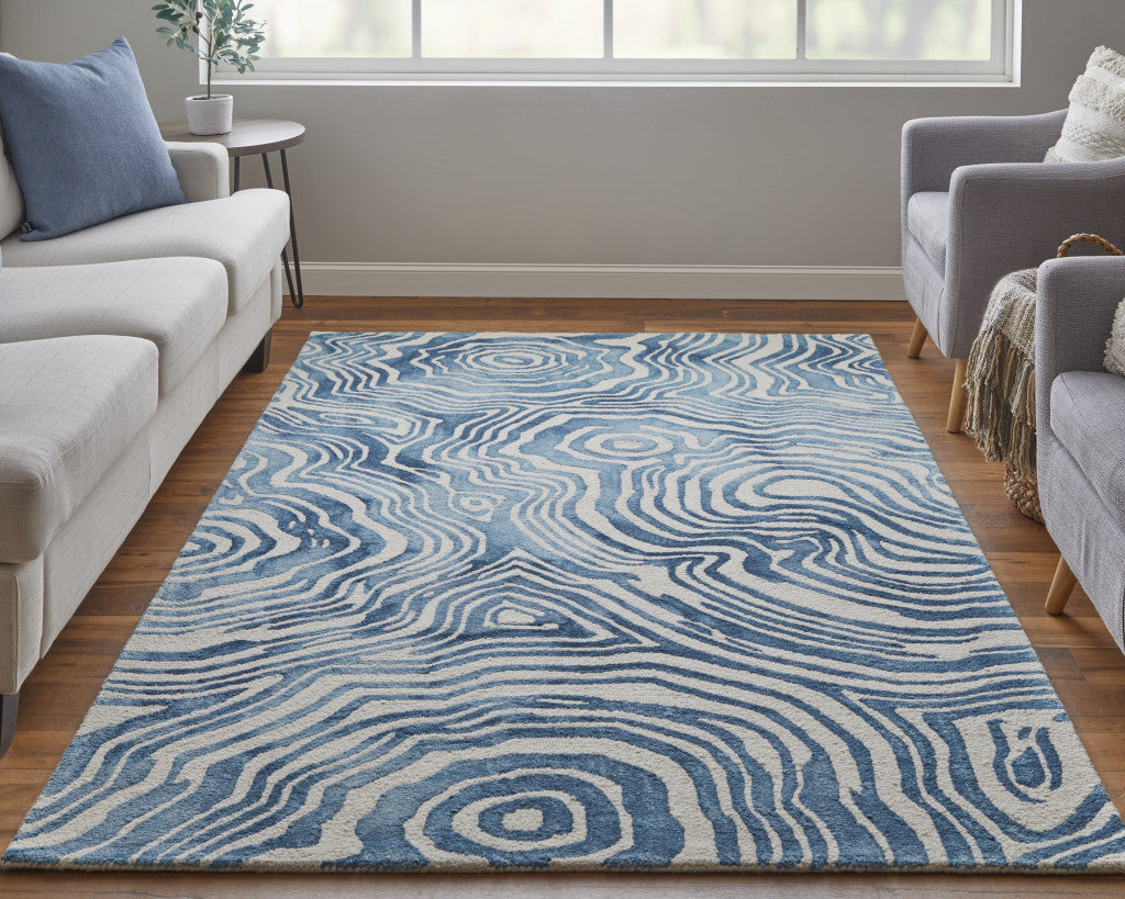 5' X 8' Blue And Ivory Wool Geometric Tufted Handmade Area Rug