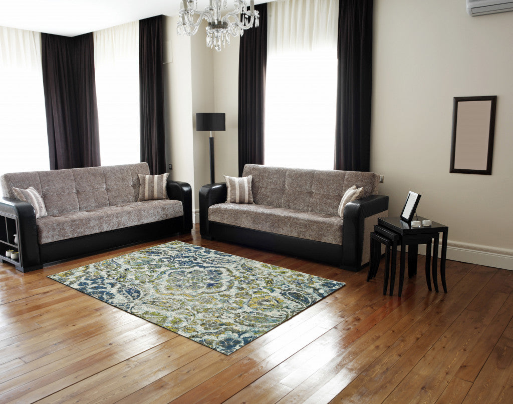 4' X 6' Ivory Blue And Green Floral Stain Resistant Area Rug