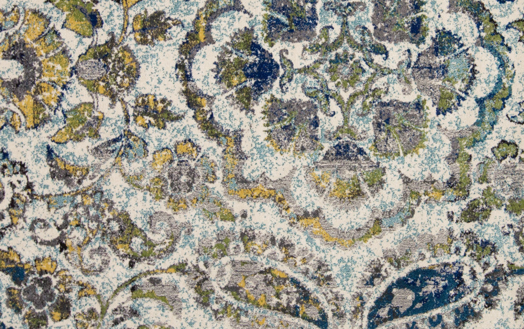 4' X 6' Ivory Blue And Green Floral Stain Resistant Area Rug