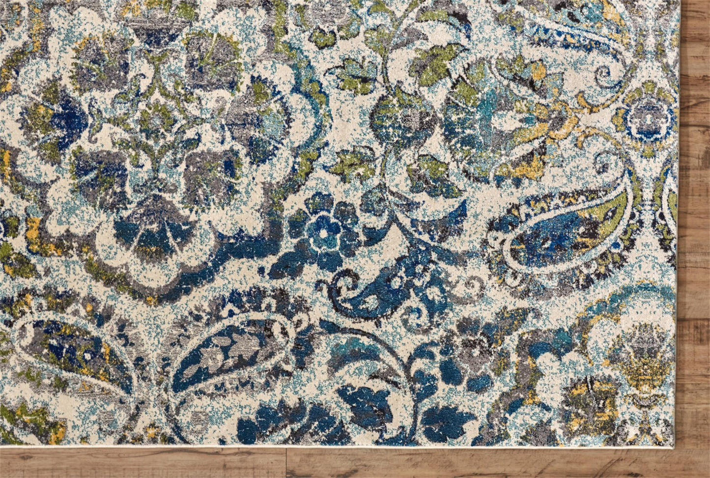 4' X 6' Ivory Blue And Green Floral Stain Resistant Area Rug