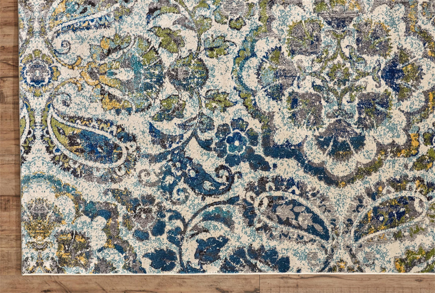 4' X 6' Ivory Blue And Green Floral Stain Resistant Area Rug