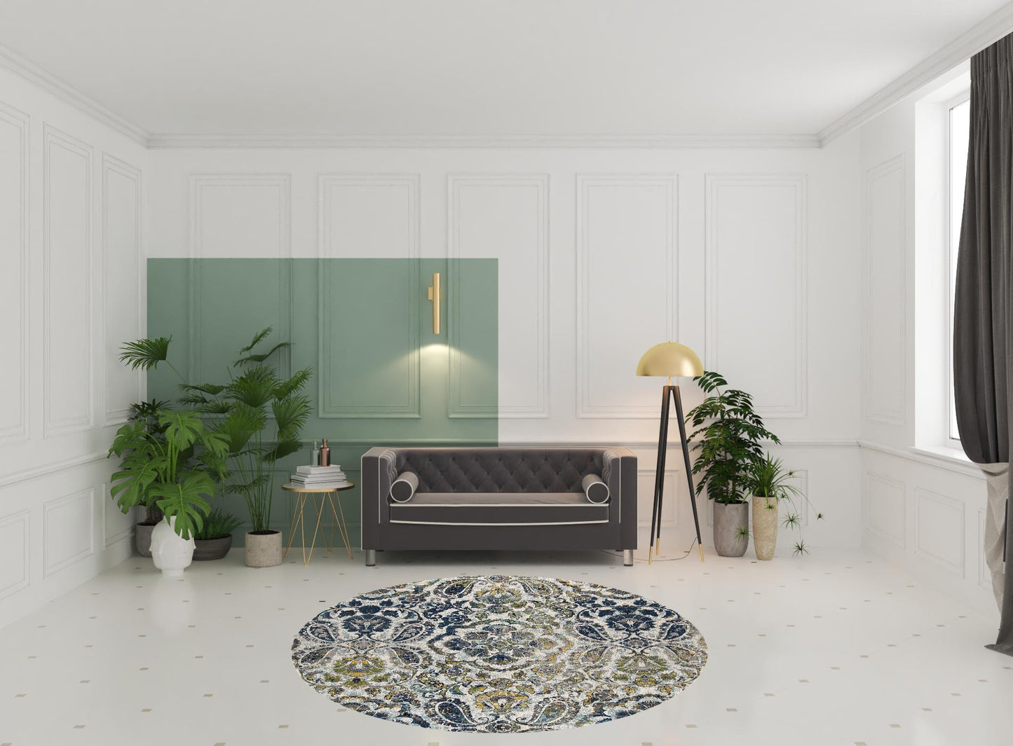 4' X 6' Ivory Blue And Green Floral Stain Resistant Area Rug