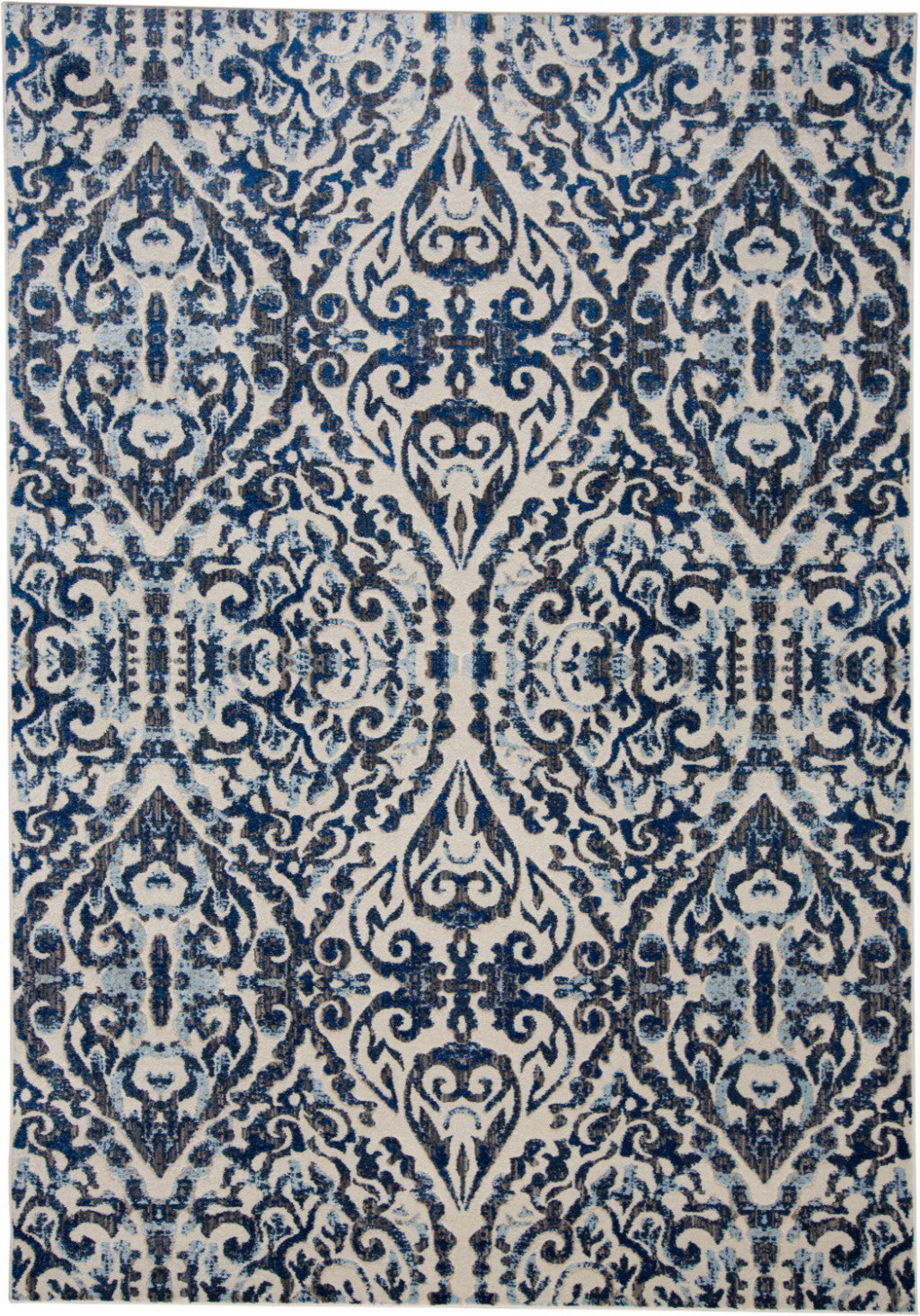 2' X 4' Blue Ivory And Black Floral Distressed Stain Resistant Area Rug