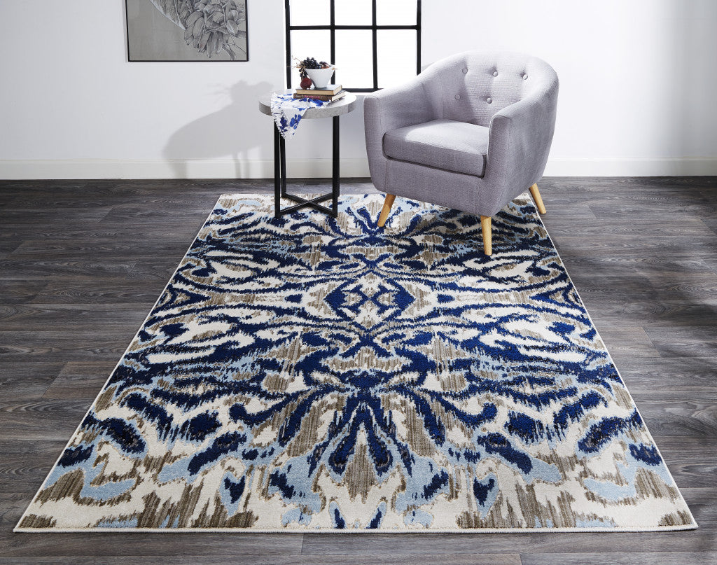 2' X 4' Blue Taupe And Ivory Ikat Distressed Area Rug