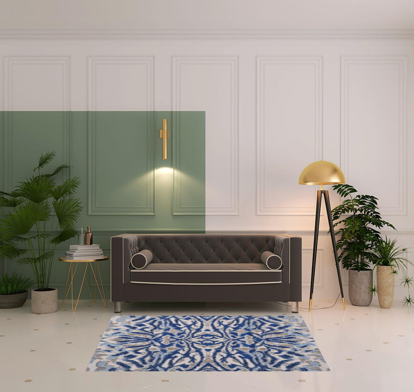 2' X 4' Blue Taupe And Ivory Ikat Distressed Area Rug
