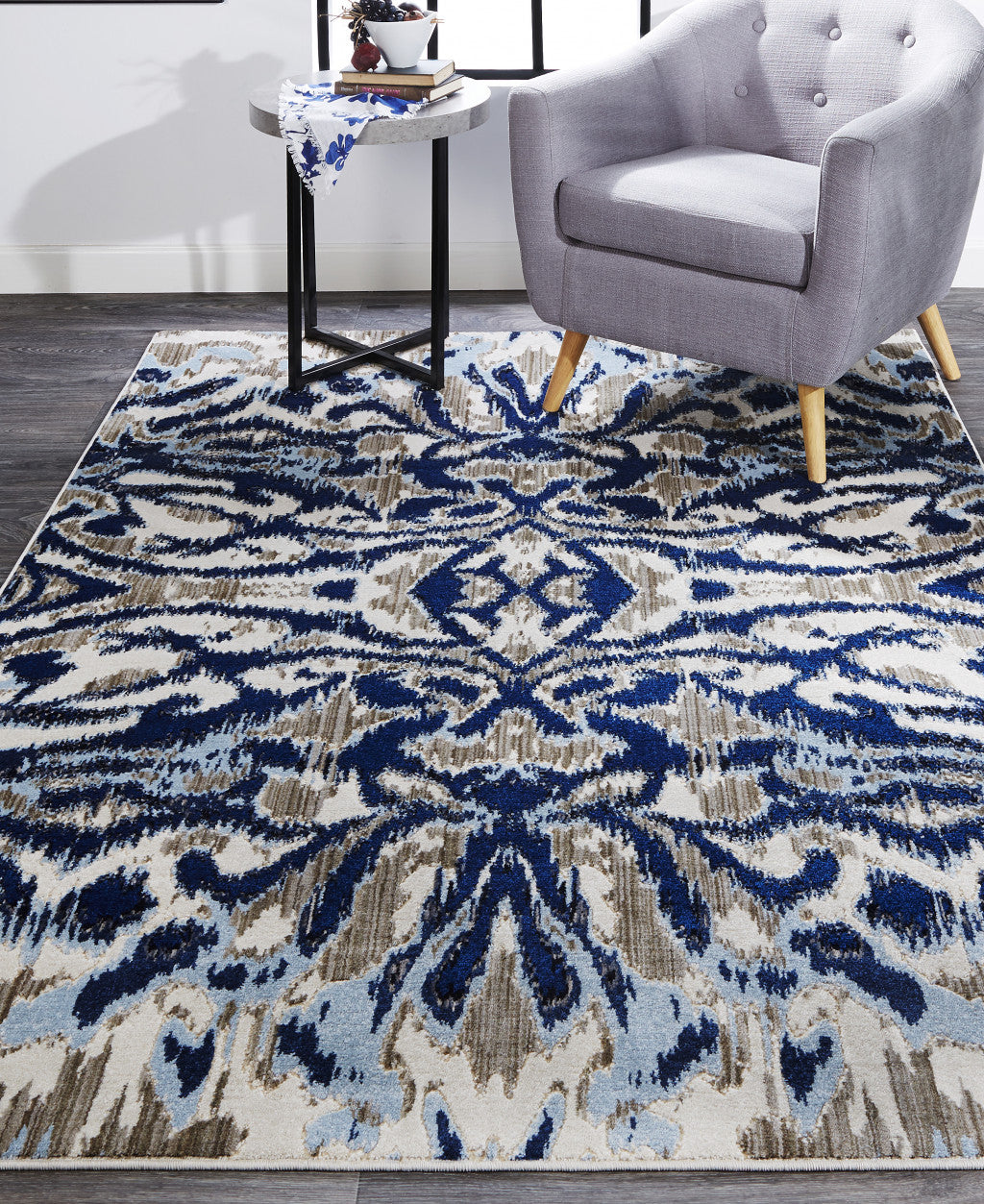 2' X 4' Blue Taupe And Ivory Ikat Distressed Area Rug