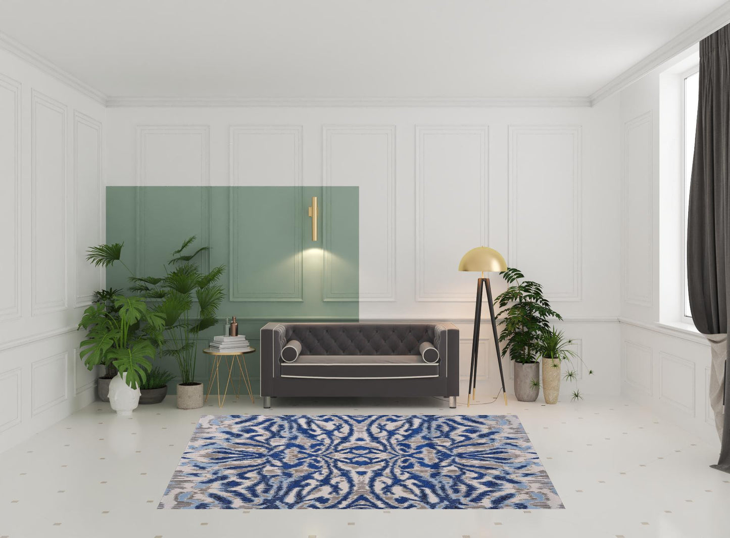 2' X 4' Blue Taupe And Ivory Ikat Distressed Area Rug