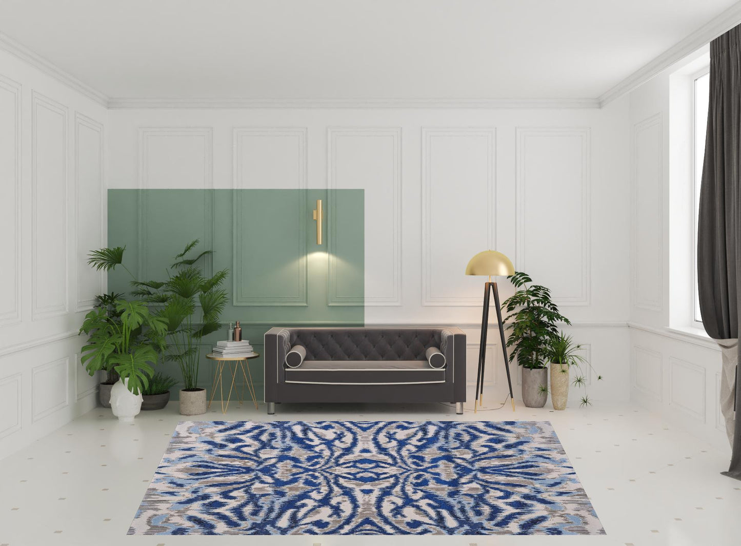 2' X 4' Blue Taupe And Ivory Ikat Distressed Area Rug