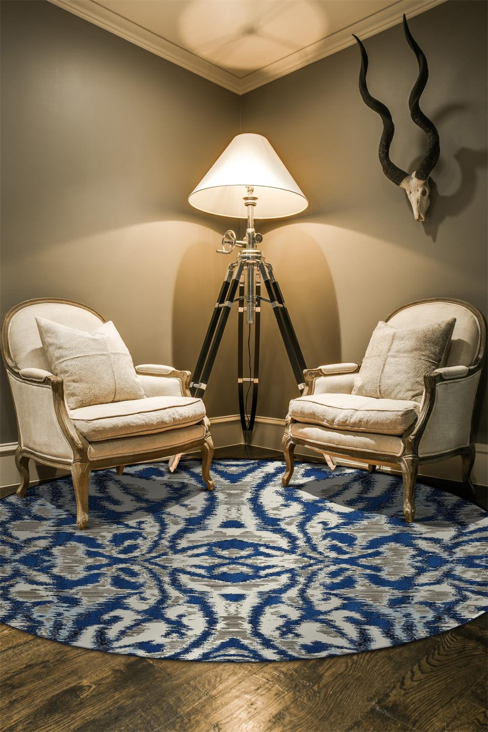 2' X 4' Blue Taupe And Ivory Ikat Distressed Area Rug
