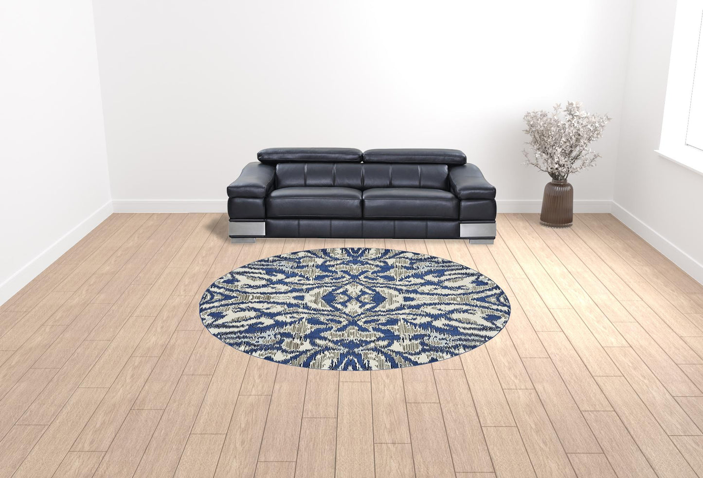2' X 4' Blue Taupe And Ivory Ikat Distressed Area Rug