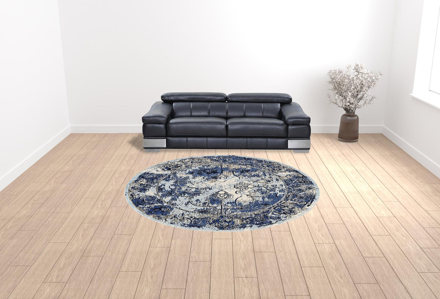 2' X 4' Blue Ivory And Gray Floral Distressed Stain Resistant Area Rug