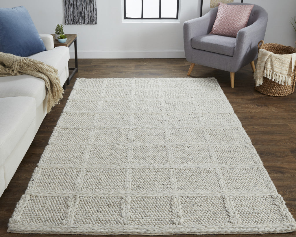 5' X 8' Ivory And Gray Wool Plaid Hand Woven Stain Resistant Area Rug